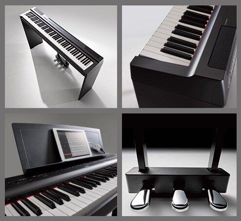 A collage of photos, including an overhead view of the P-125a in combination with the optional stand and pedal unit, a closeup of the P-125a from diagonally overhead, a photo of the P-125a keyboard and music stand, and a photo of the optional metal three-pedal pedal unit