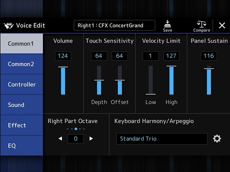 Voice Edit-skjermen på Yamaha Arranger Workstation PSR-SX920/720+
