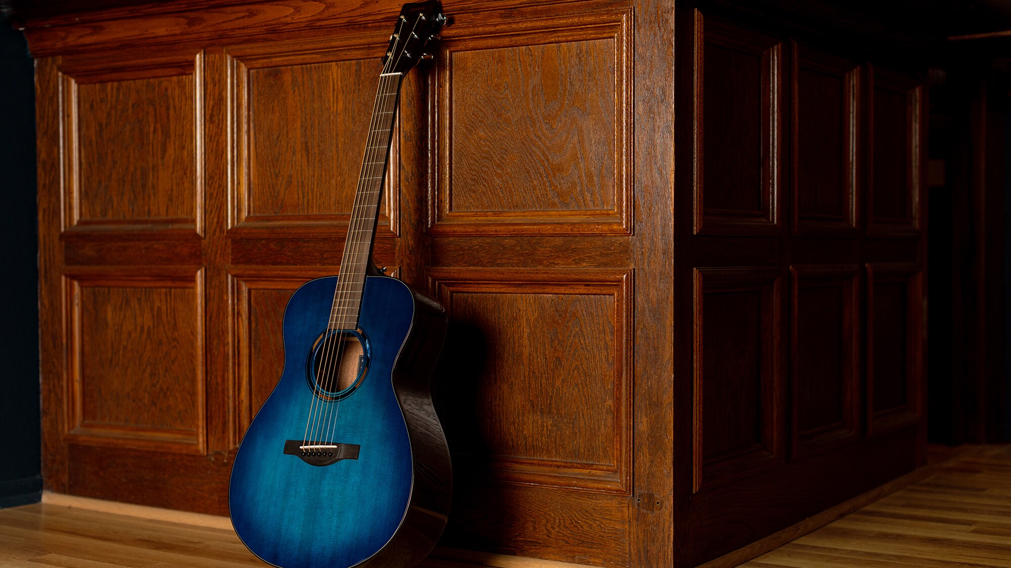 En TAS1 E akustisk gitar som står oppreist mot en brun vegg innendørs
