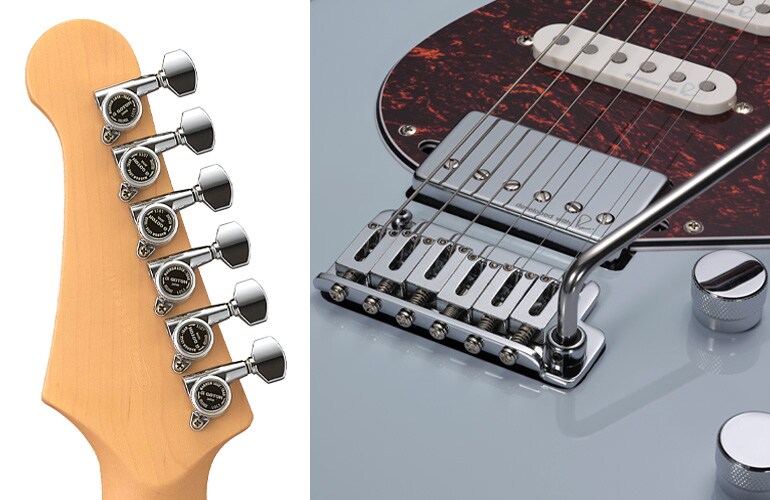 Nærbilde av stolen, pickupene og kontrollene på Yamaha Pacifica Standard Plus 12 Ice Blue