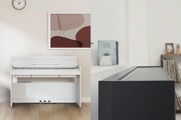 Et ARIUS-piano som går i ett med stueinteriøret, og et ARIUS-piano med en flatere, mer kompakt design fordi lokket er lukket
