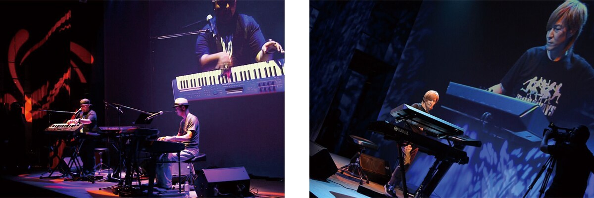 Gakushi and Nobu-K (left) and Tetsuya Komuro (right) perform on stage at YSE 2011