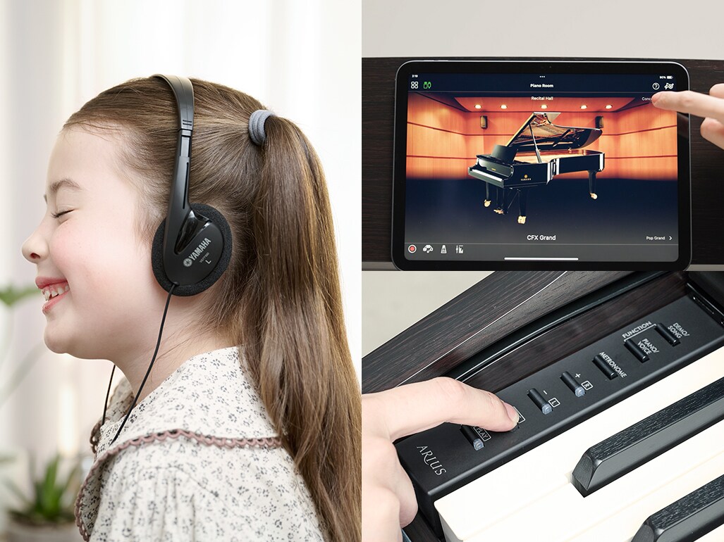 Øving på det digitale pianoet med hodetelefoner, visning av skjermen til Smart Pianist-appen og opptak ved hjelp av pianoets innebygde kontroller.