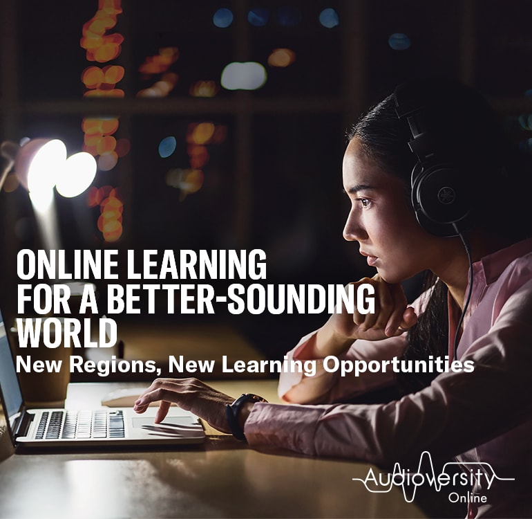 Key visual for Audioversity Online: a woman focused on an online training session.