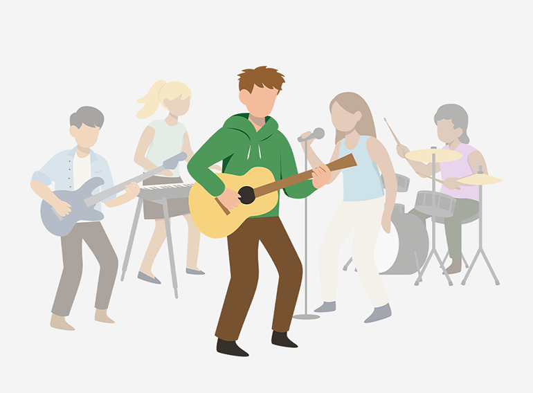 En mann som jammer med andre instrumenter ved hjelp av musikkøvelsesappen Extrack