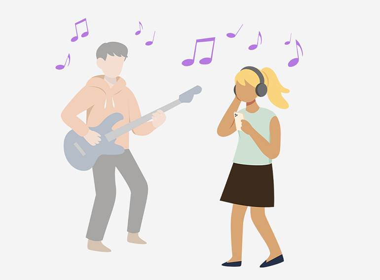 En kvinne lytter nøye til fraser til hvert instrument mens hun justerer volumet i musikkappen Extrack