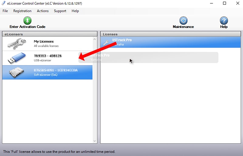 5. Select the VST Rack Pro, displayed on the right side, and drag and drop it to the USB-eLicenser on the left side. 