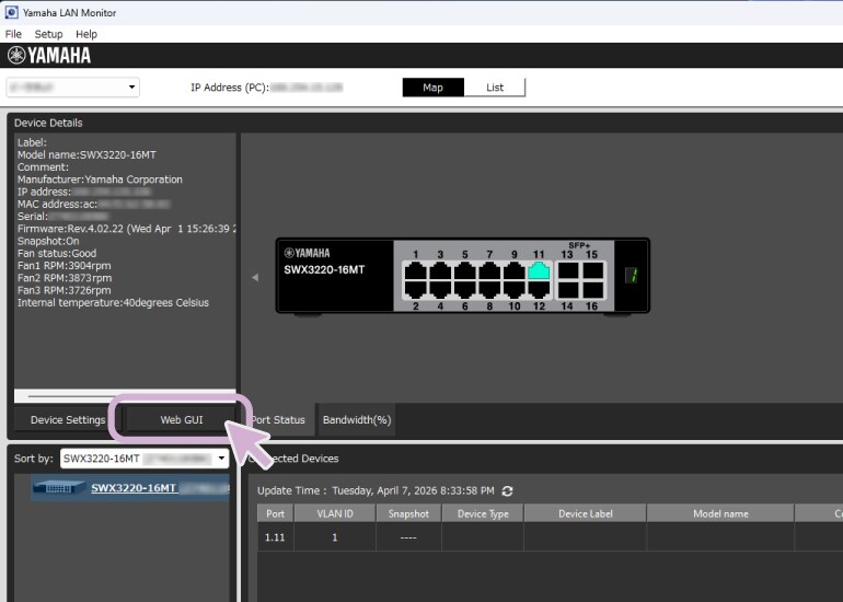 Yamaha LAN Monitor software on a PC connected to a Yamaha network switch, with the Web GUI interface displayed